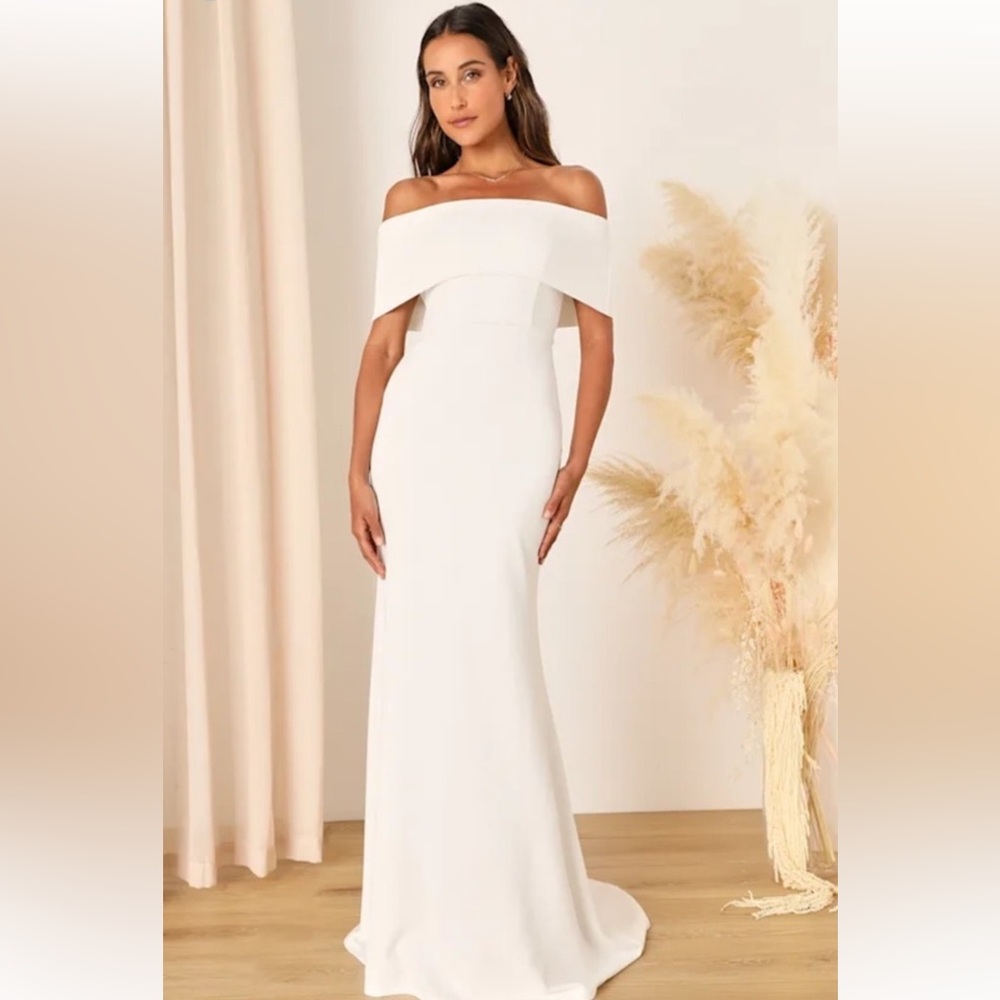 Lulus Exceptional Romance White Off-the-Shoulder Mermaid Maxi Dress Size Small